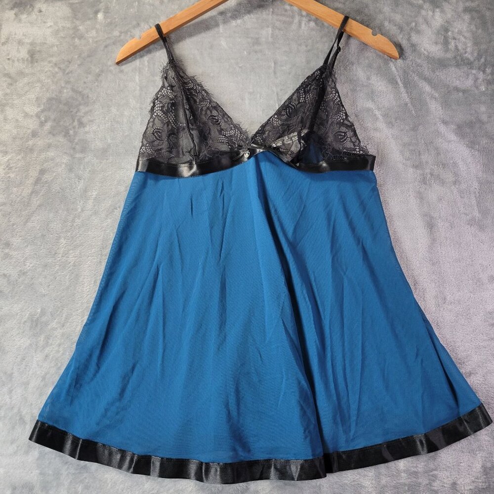 Escante Womens L Babydoll Slip Dress Blue Black Lace Y2K Sheer Lingerie‎ Nightie